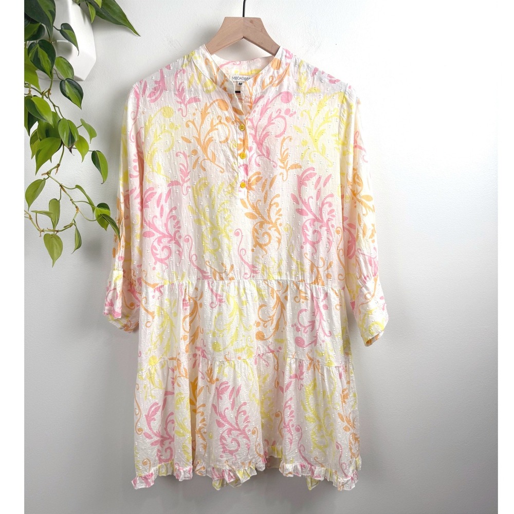 Modaposa Womens Pink Yellow Cotton Swiss Dot Tiered Mini Dress Size M Cottage